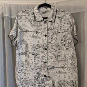 White And Black Unisex NYC Landscape Graphic Linen Shirt Top